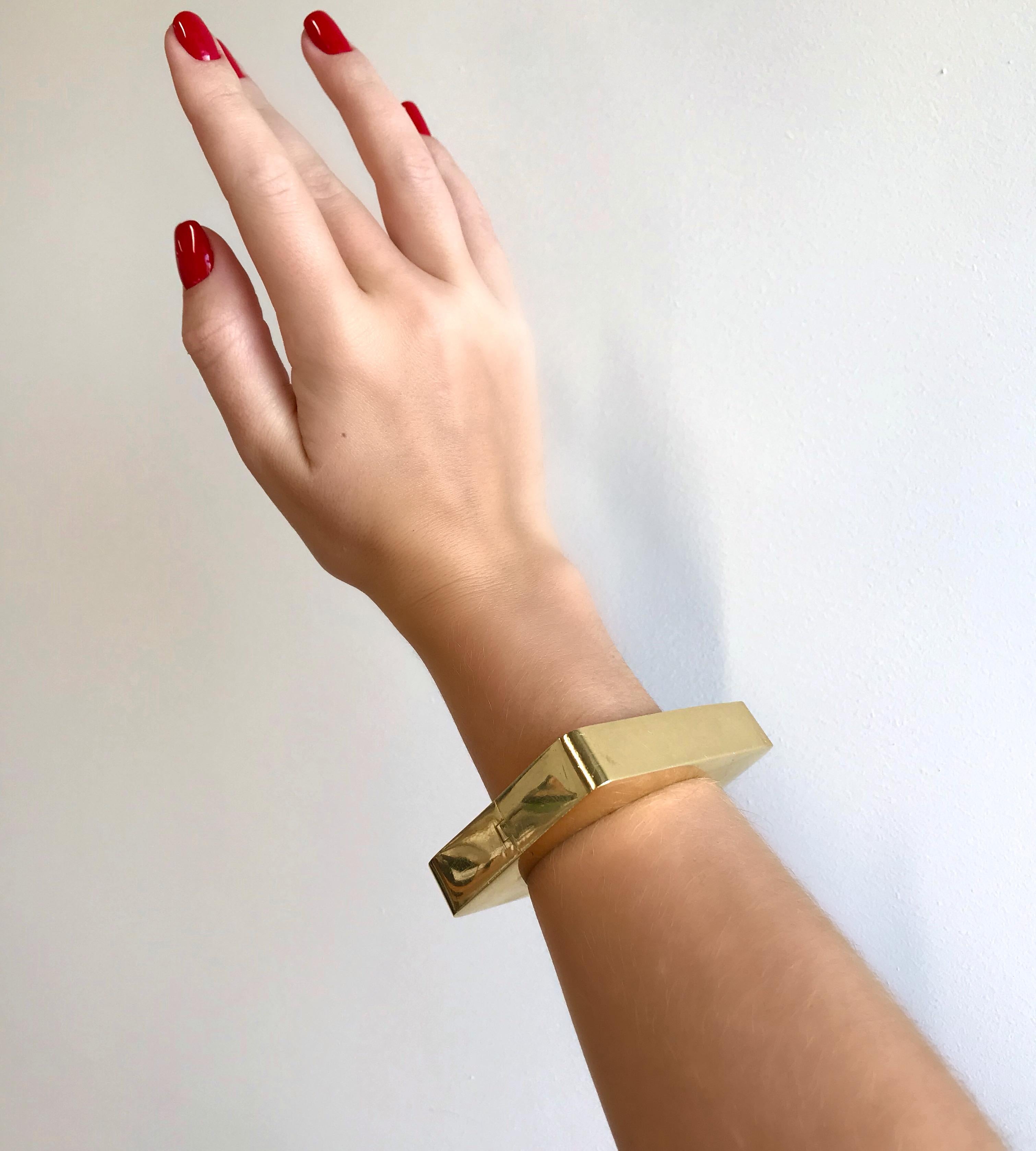 Substantial, bold solid gold bracelets are the hottest trend of 2020. Wear this bracelet with an all-black outfit for a dramatic accent or with neutral tones to complete your look. The solid gold will visually make your hands look slimmer and more