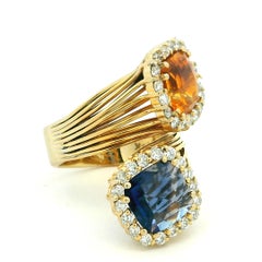Vintage Italian 18K Gold Blue and Orange Sapphire Diamond Bypass Ring