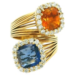 Vintage Italian 18K Gold Blue and Orange Sapphire Diamond Bypass Ring