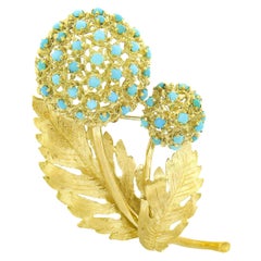 Vintage Italian 18k Gold Cabochon Turquoise Hydrangea Flower Detailed Pin Brooch