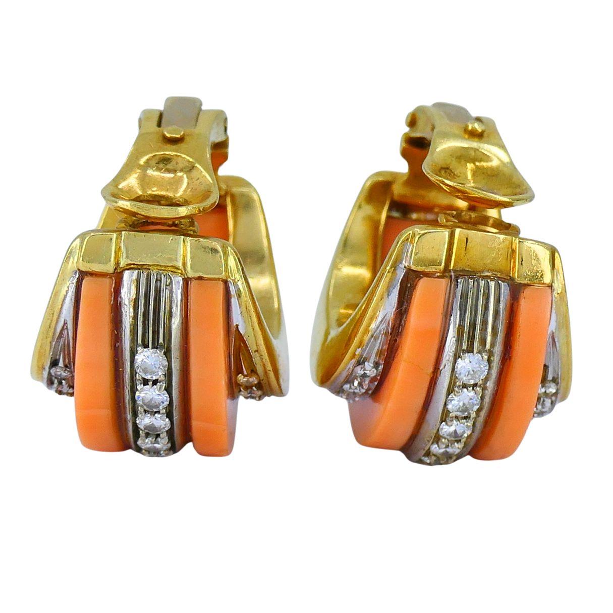 Vintage Italienisch 18k Gold Diamant Koralle Ohrringe im Angebot 2