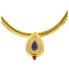 Vintage Italian 18k Gold Flexible-Link Necklace w/ Teardrop Pendant