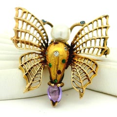 Vintage Italian 18K Gold Gem set Figural Bee Brooch with Pearl and Amethyst
