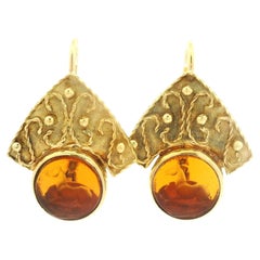 Vintage Italian 18k Gold Horse Portrait Carved Orange Glass Intaglio Earrings