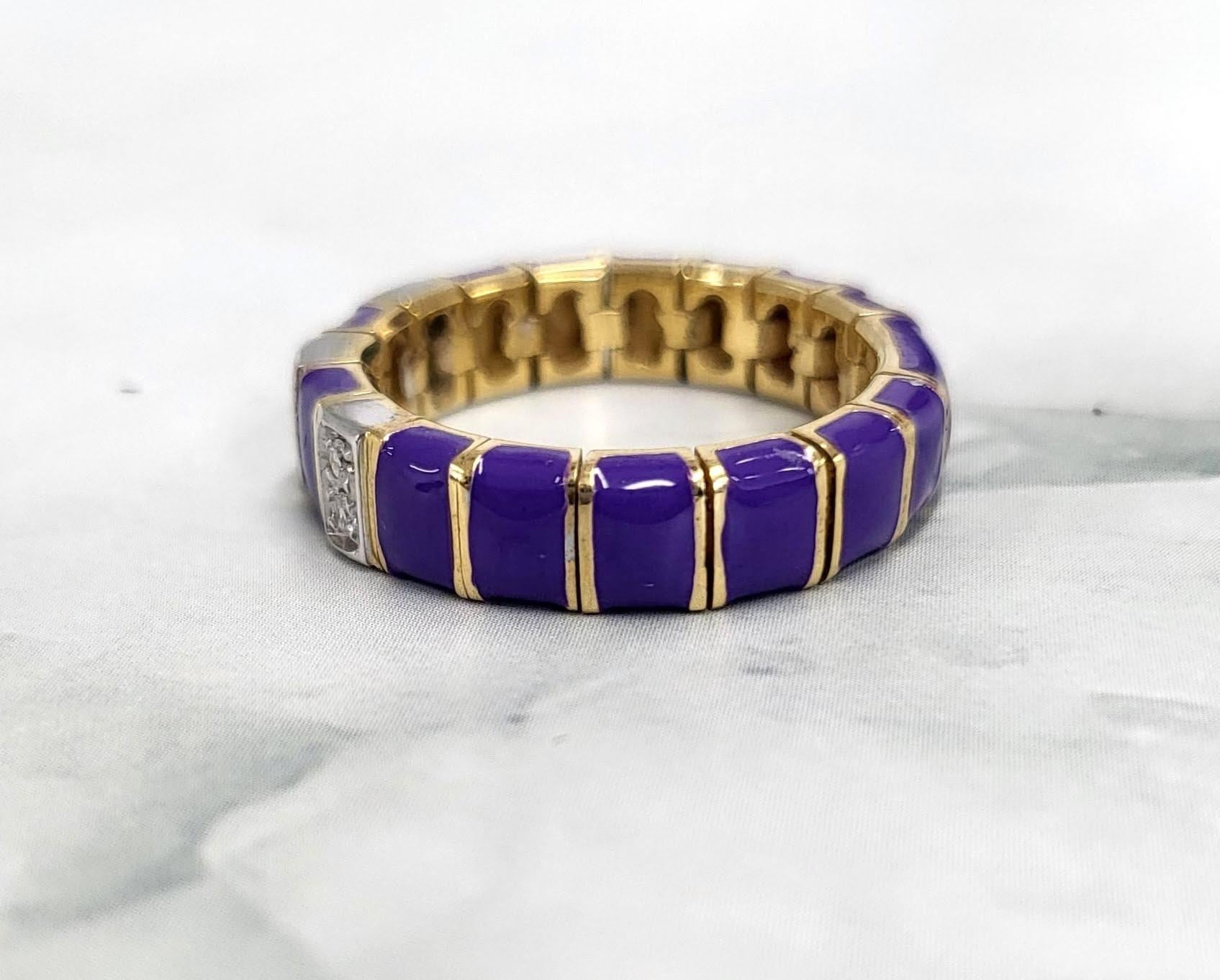 Contemporary Vintage Italian 18K Gold Mesh Band Ring with Purple Enamel & Diamonds For Sale