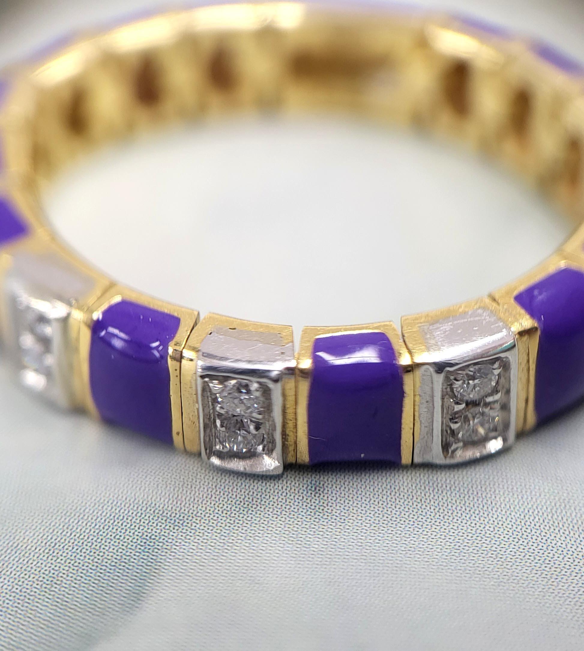 Round Cut Vintage Italian 18K Gold Mesh Band Ring with Purple Enamel & Diamonds For Sale