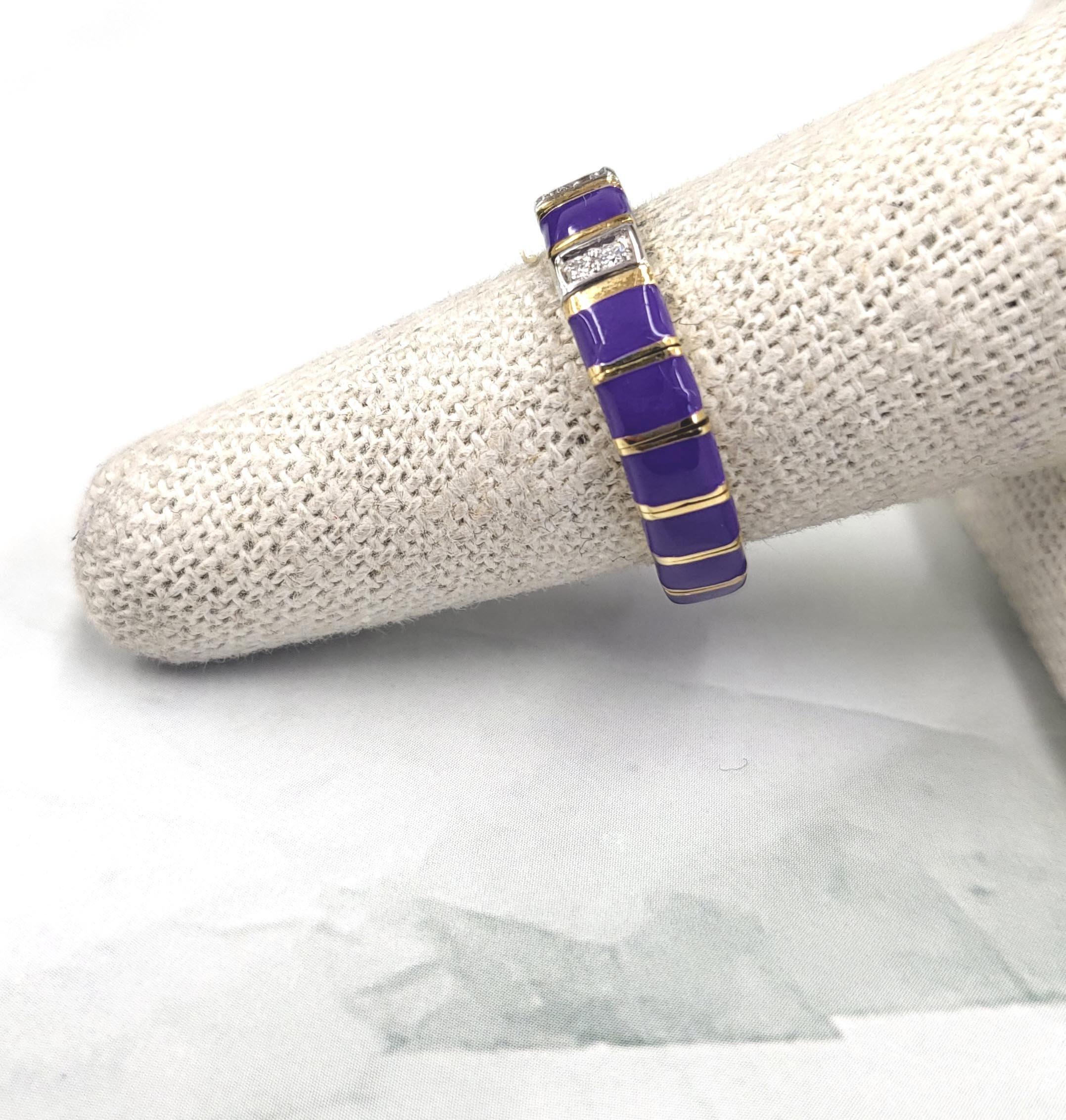 Vintage Italian 18K Gold Mesh Band Ring with Purple Enamel & Diamonds In Good Condition For Sale In Los Angeles, CA