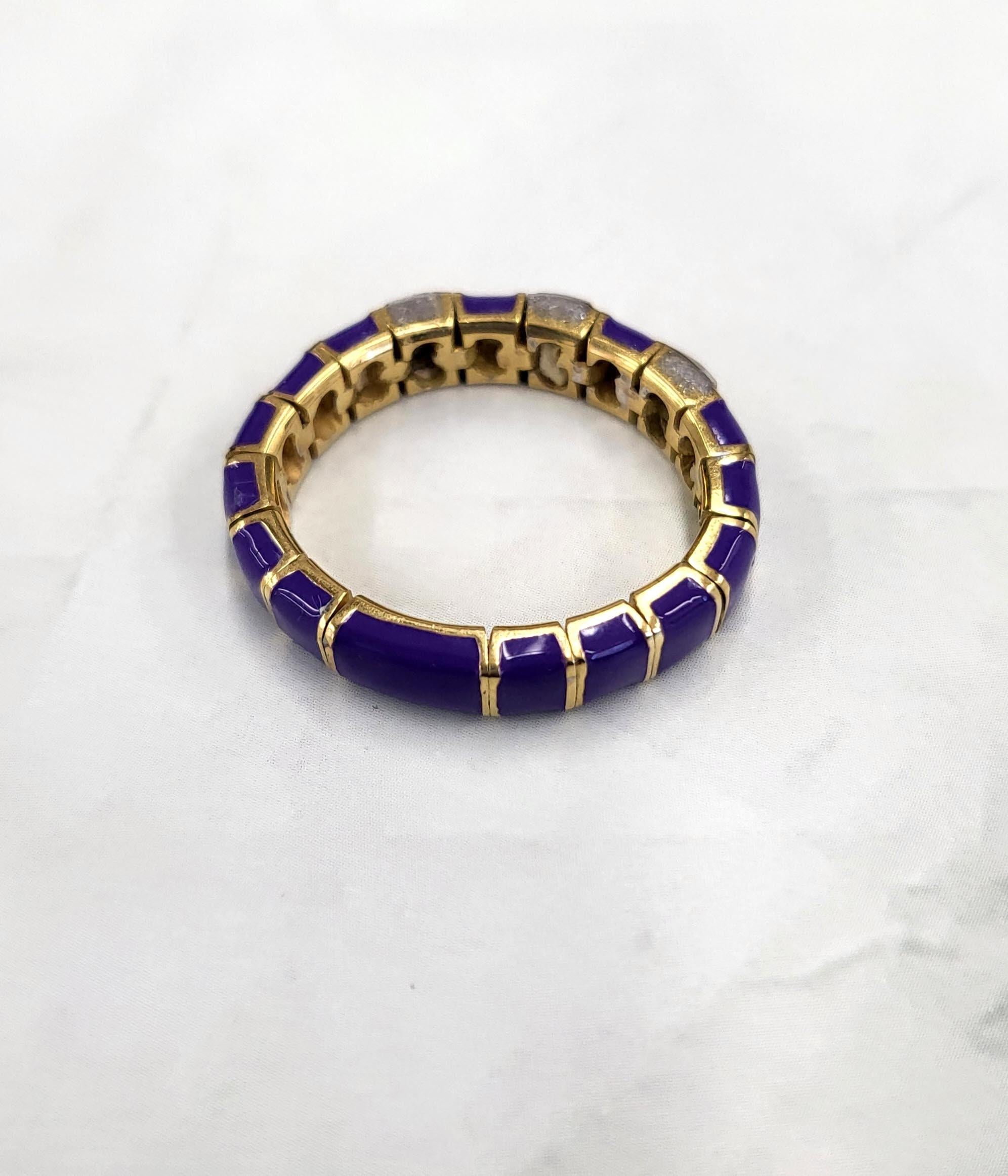 Women's Vintage Italian 18K Gold Mesh Band Ring with Purple Enamel & Diamonds For Sale