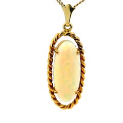 Vintage Italian 18K Gold Oval White Opal Rope Frame Pendant Circa 1965