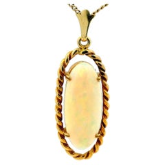 Vintage Italian 18K Gold Oval White Opal Rope Frame Pendant Circa 1965