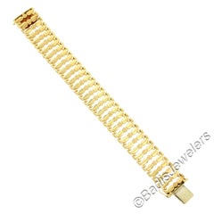 Vintage Italian 18K Gold Repousse Work w/ Floral Center Wide Strap Bracelet