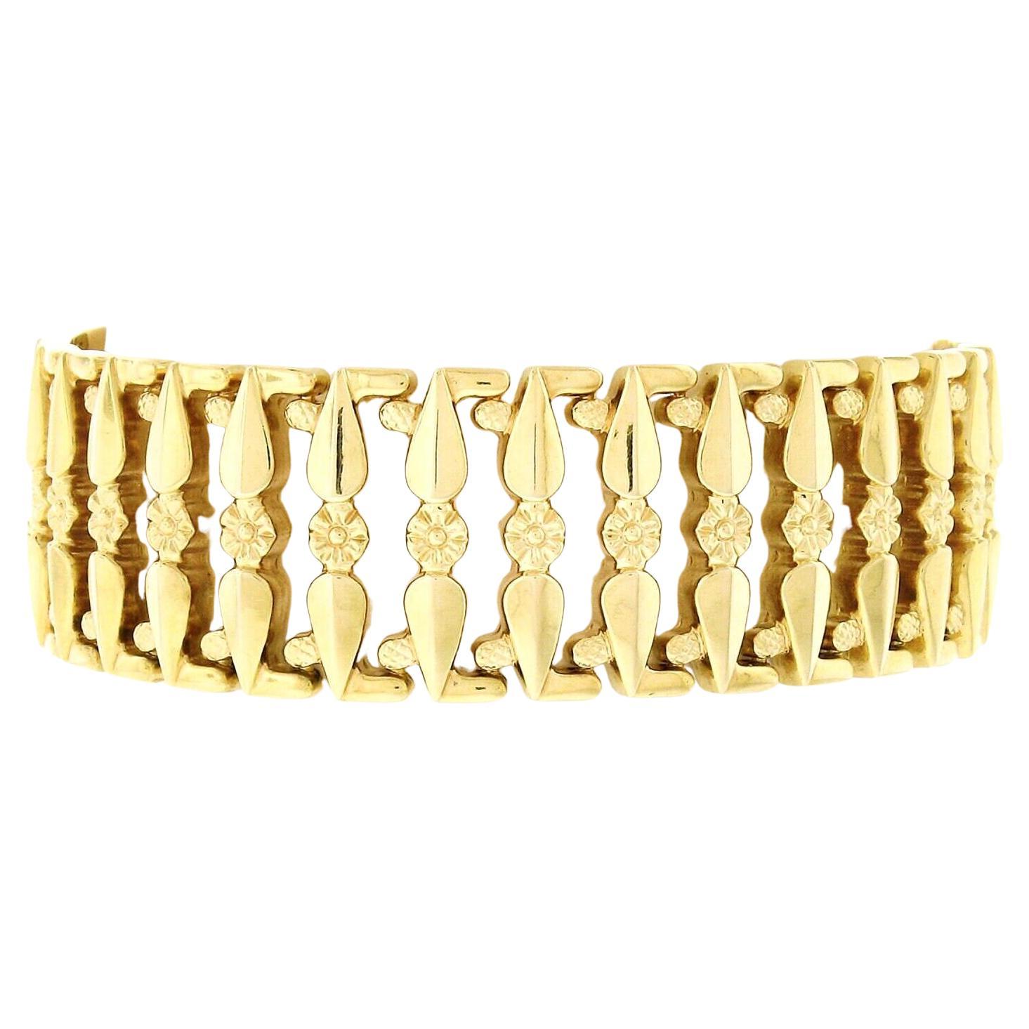 Vintage Italian 18K Gold Repousse Work w/ Floral Center Wide Strap Bracelet