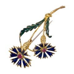 Vintage Italian 18K Gold Ruby & Enamel Floral Brooch – Retro Unisex Lapel Pin