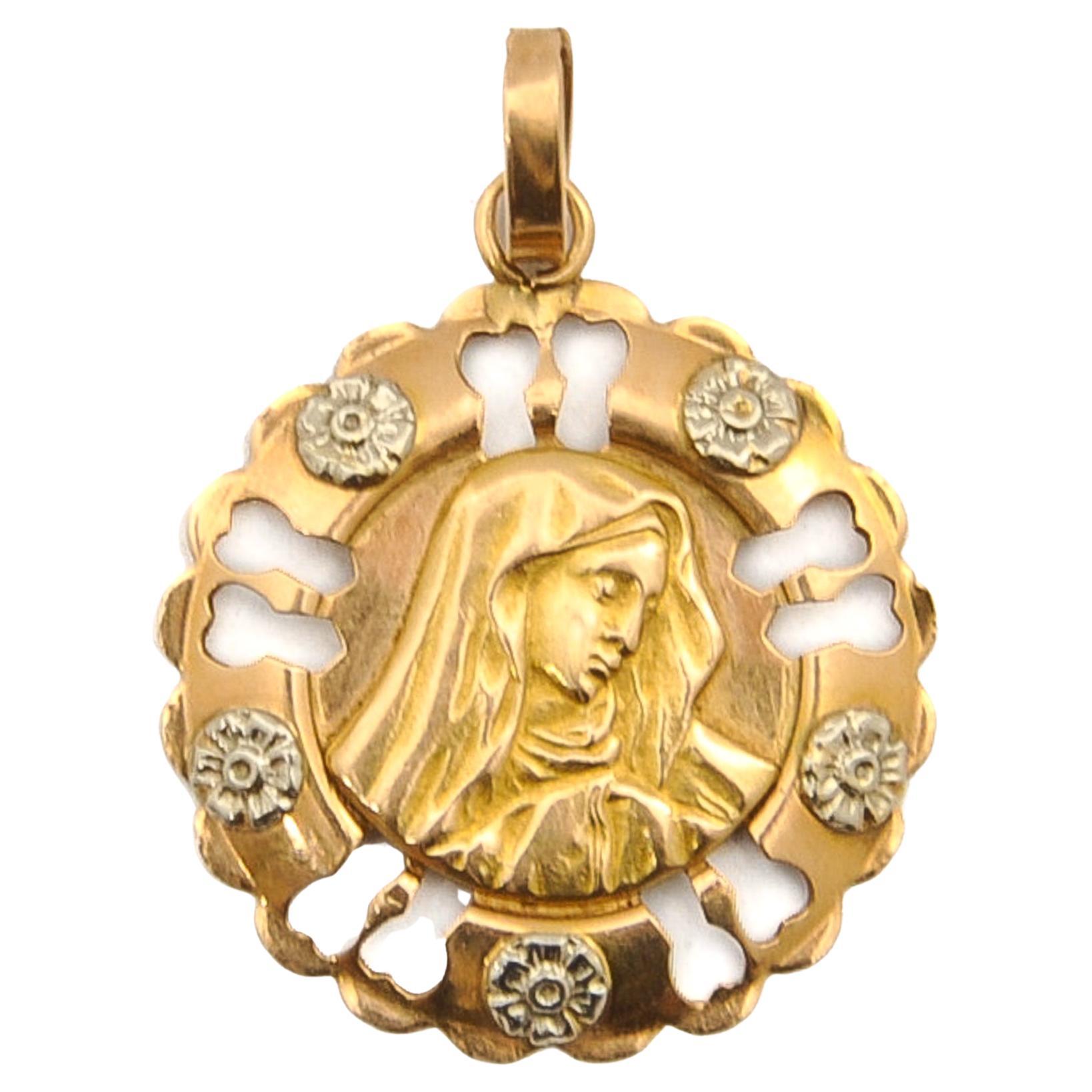 Vintage Italian Virgin Mary Gold and Silver Charm Pendant For Sale