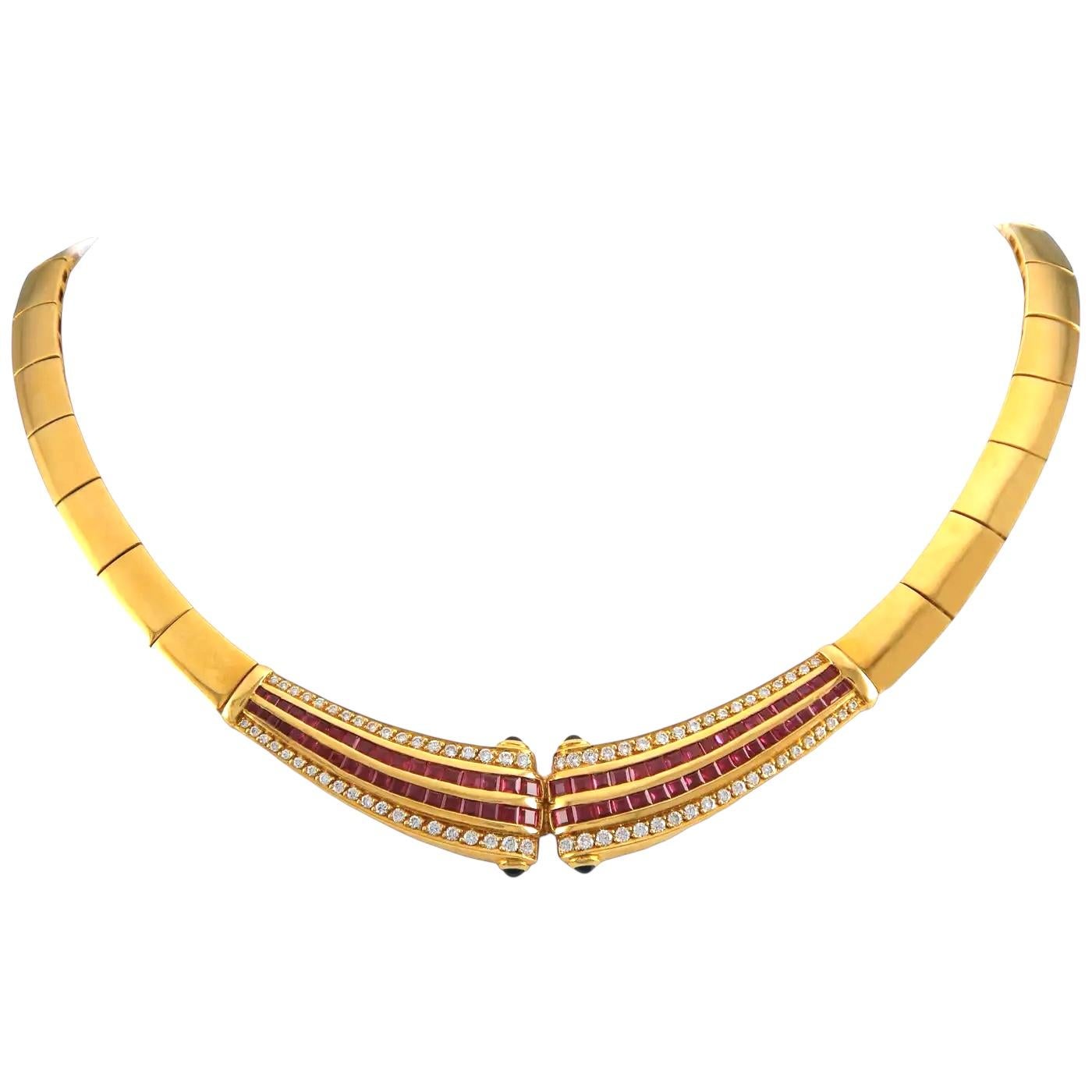 Vintage Italian 18k Gold Solid Burma Ruby & White Diamond Halskette CIRCA 1990's (Brillantschliff) im Angebot
