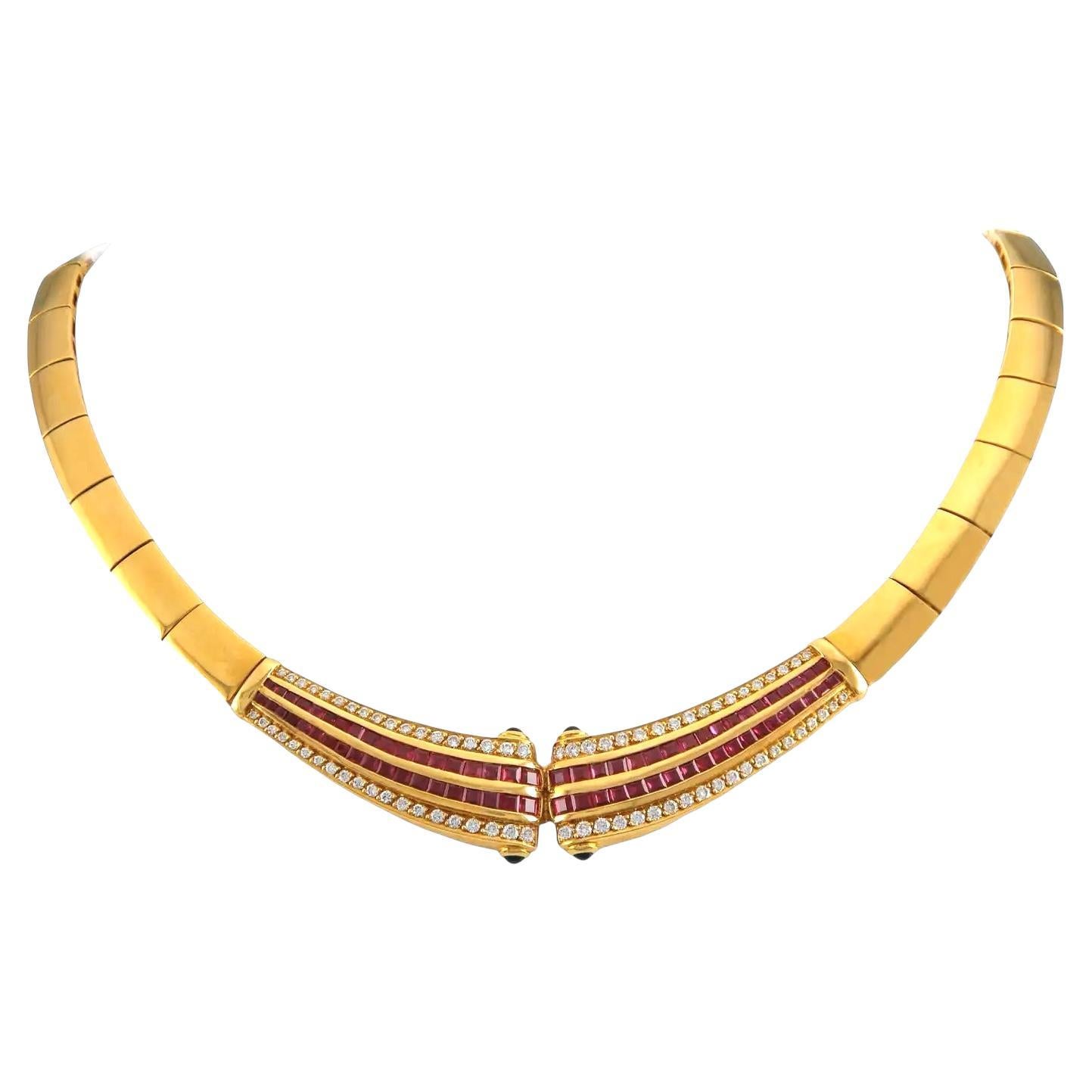 Vintage Italian 18k Gold Solid Burma Ruby & White Diamond Halskette CIRCA 1990's im Angebot