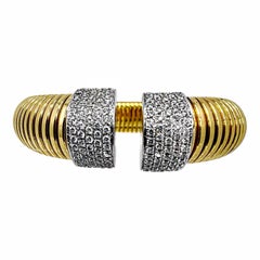 Vintage Italian 18K Gold Split Front Tubogas Cuff Bracelet w/Diamond End caps