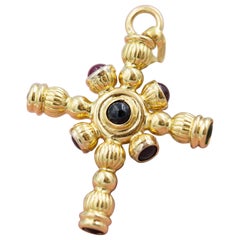 Vintage Italian 18k solid gold multi coloured gemstone cross pendant