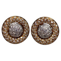 Vintage Italian 18K Two Tone Pave Diamond Round Button Huggie Earrings
