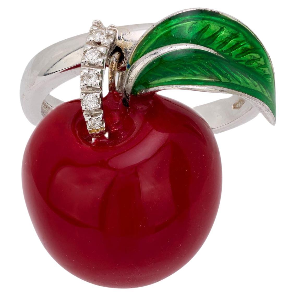 Vintage Italian 18k white gold, silver and enamel cherry ring