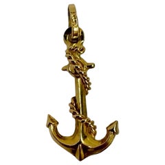 Vintage Italian 18K Yellow Gold Anchor Pendant with Rope Detail, 20.5mm