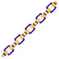 Bracciale vintage italiano in oro giallo 18k e smalto blu cobalto di Uno-A-Erre