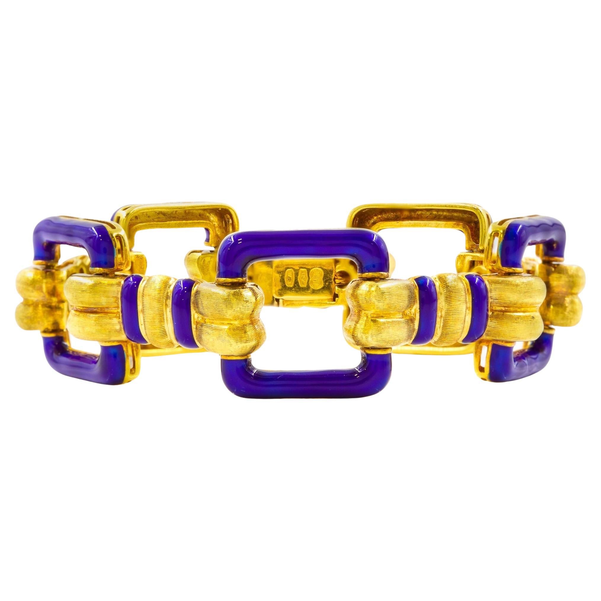 Uno-A-Erre Bracelet italien vintage en or jaune 18 carats et émail bleu cobalt en vente