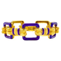Uno-A-Erre Bracelet italien vintage en or jaune 18 carats et émail bleu cobalt