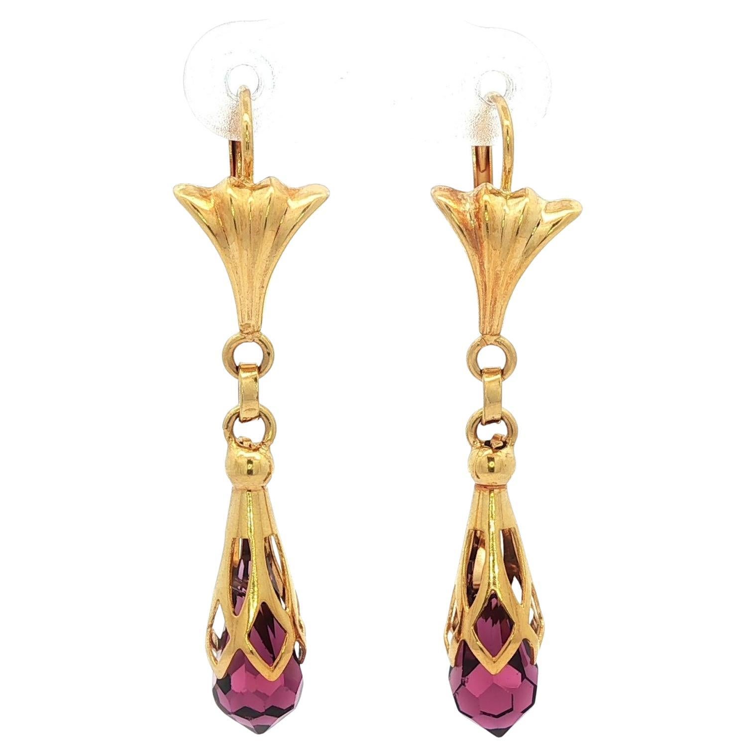 Vintage Italian 18k Yellow Gold Briolette Purple Amethyst Dangle Drop Earrings