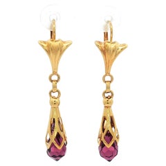 Vintage Italian 18k Yellow Gold Briolette Purple Amethyst Dangle Drop Earrings