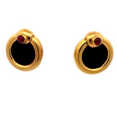 Vintage Italian 18K Yellow Gold Coin Earrings with Cabochon Rubies