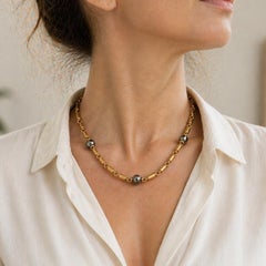 Vintage Italian 18k Yellow Gold Cylinder Tube Link Necklace Chain Hematite Bead