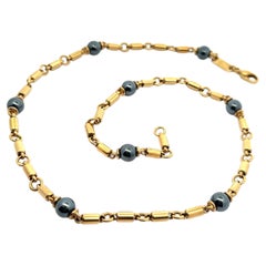 Vintage Italian 18k Yellow Gold Cylinder Tube Link Necklace Chain Hematite Bead
