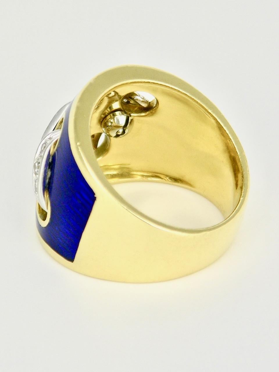 Vintage Italian 18 Karat Gold Diamond and Blue Enamel Modernist Ring, 1960s In Good Condition In Sydney, NSW