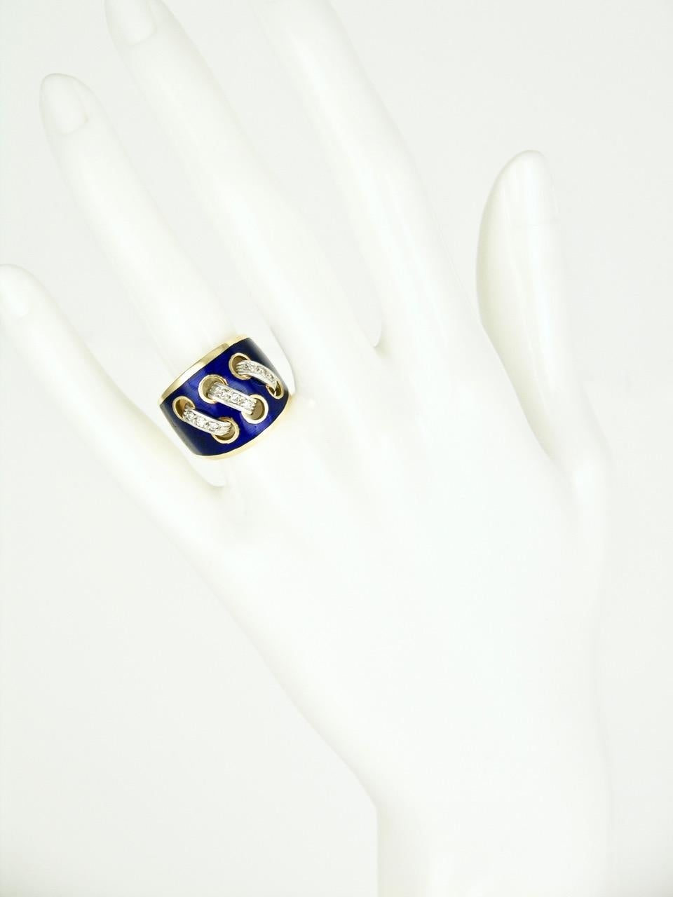 Vintage Italian 18 Karat Gold Diamond and Blue Enamel Modernist Ring, 1960s 2