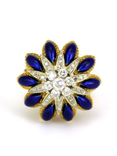 Vintage Italian 18k Yellow Gold Diamond Blue Enamel Flower Starburst Ring, 1960s