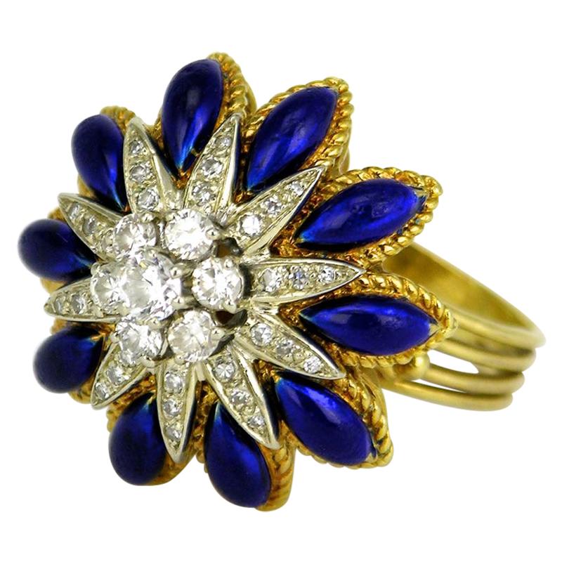 Vintage Italian 18k Yellow Gold Diamond Blue Enamel Flower Starburst Ring, 1960s For Sale