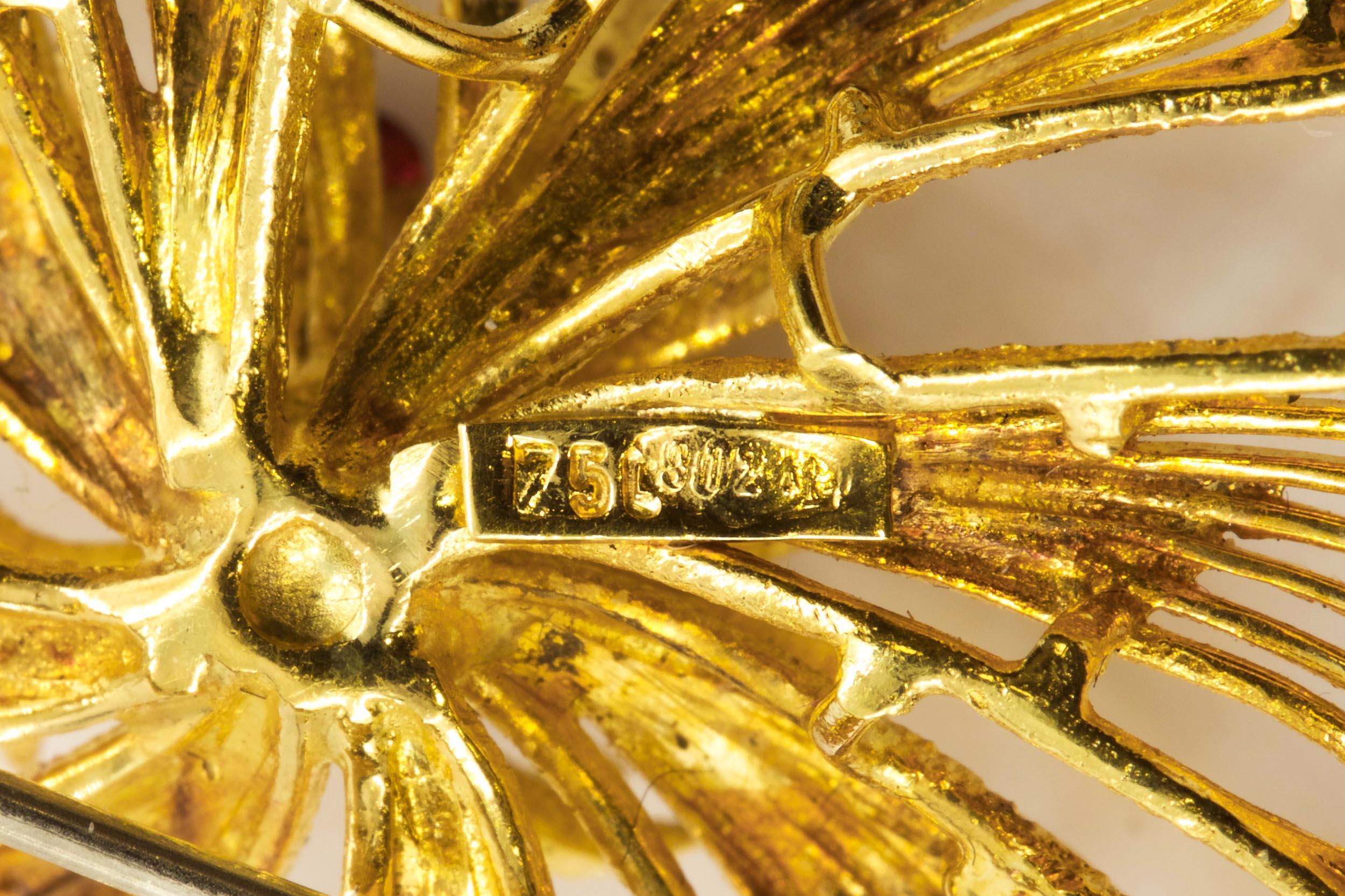 Vintage Italian 18k Yellow Gold Gemset Pinwheel Flower Brooch For Sale 1