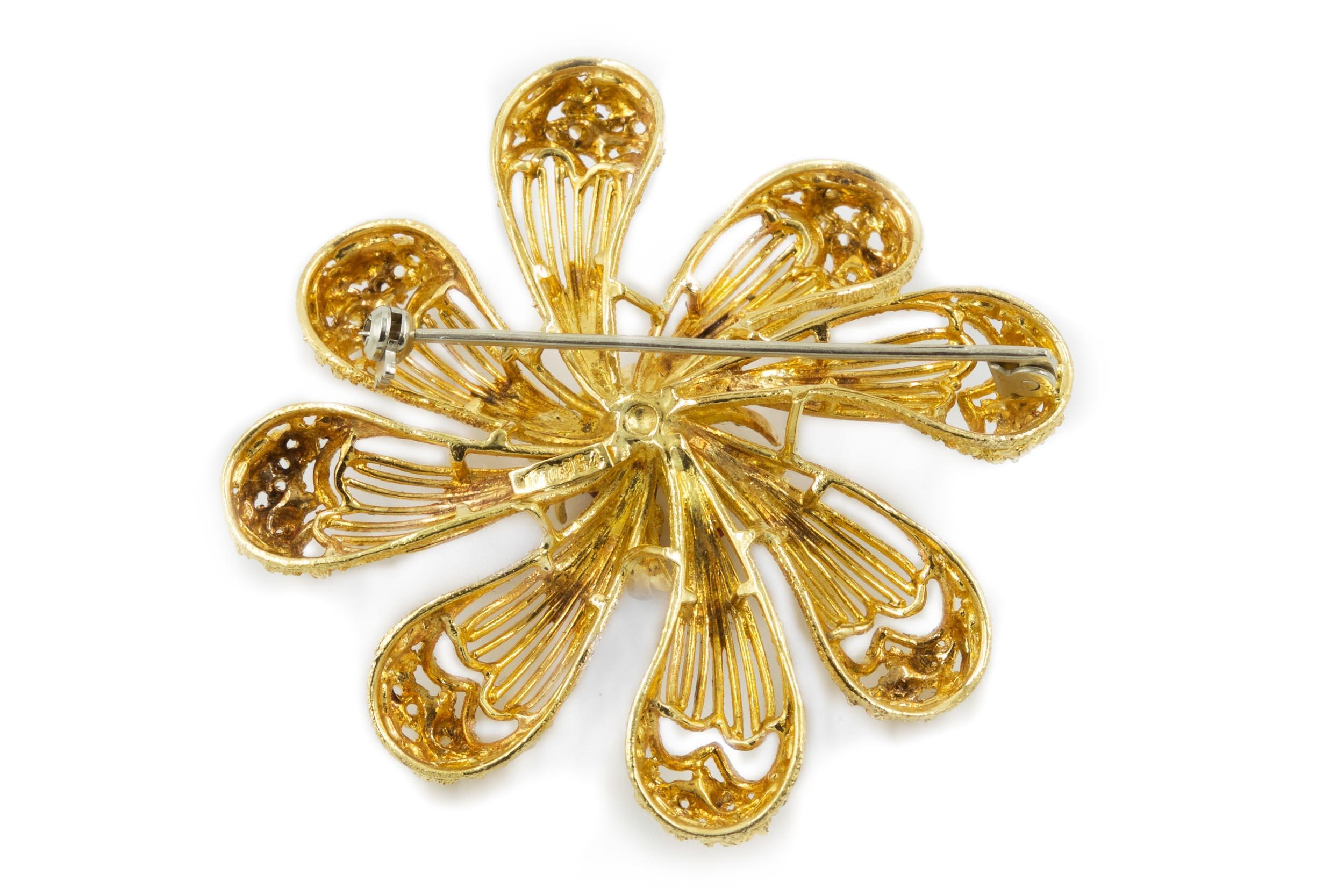 Vintage Italian 18k Yellow Gold Gemset Pinwheel Flower Brooch For Sale 2