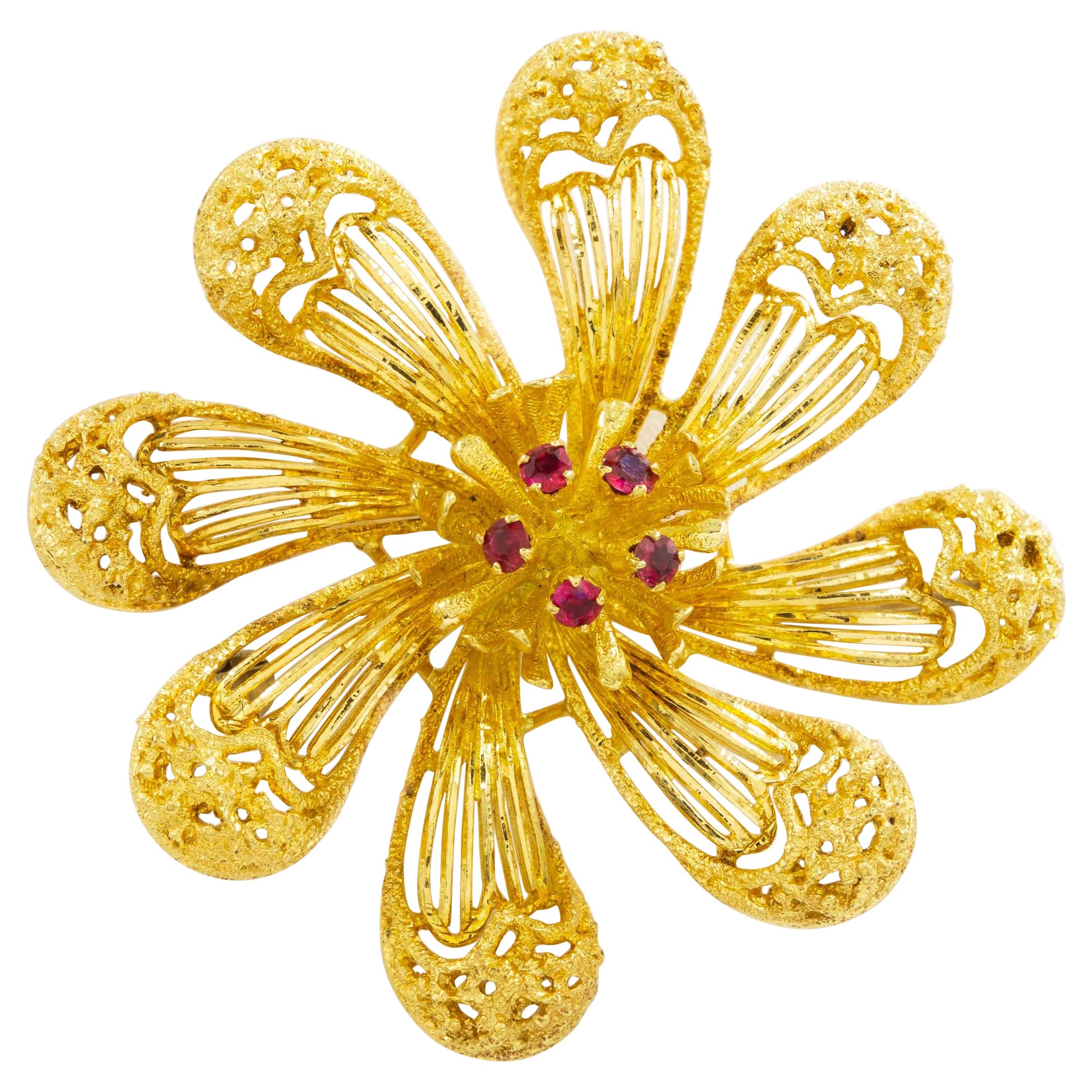 Vintage Italian 18k Yellow Gold Gemset Pinwheel Flower Brooch