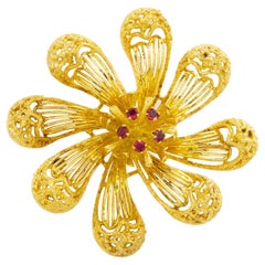 Vintage Italian 18k Yellow Gold Gemset Pinwheel Flower Brooch