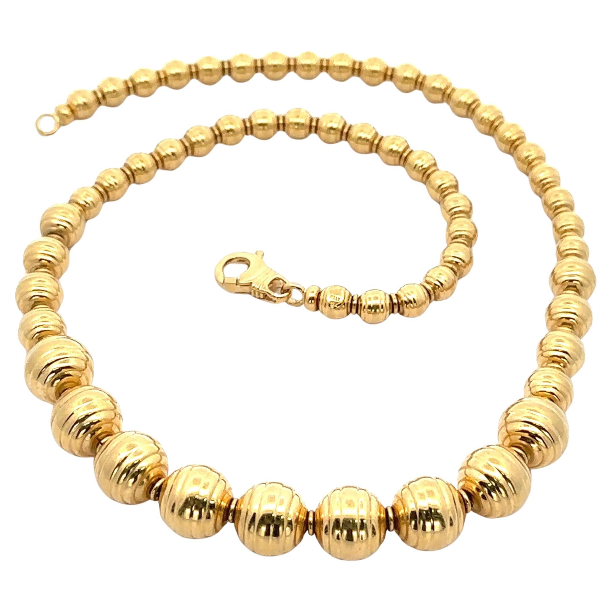 Vintage Italian 18k Yellow Gold Graduated Grooved Bead Ball Necklace Chain