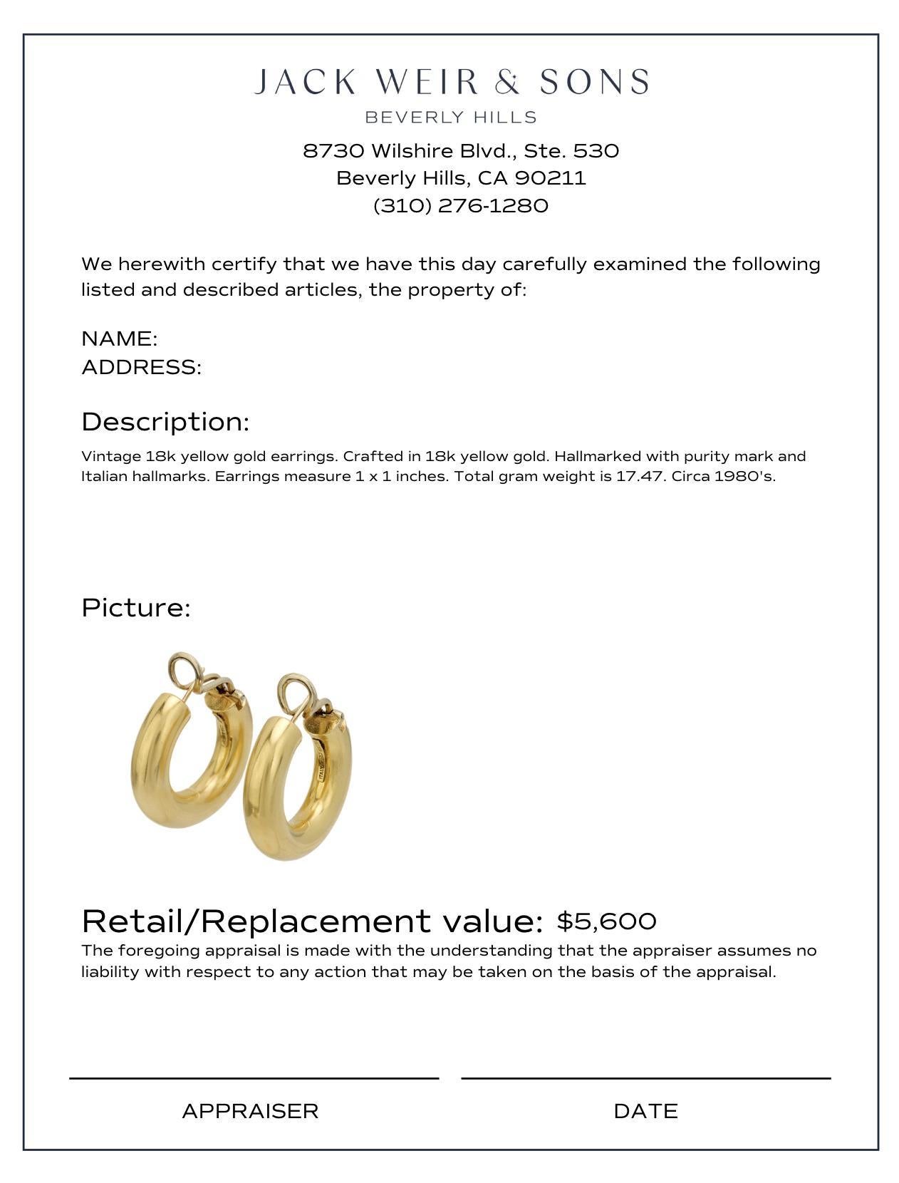 Women's Vintage Italian 18k yellow gold hoop earrings For Sale