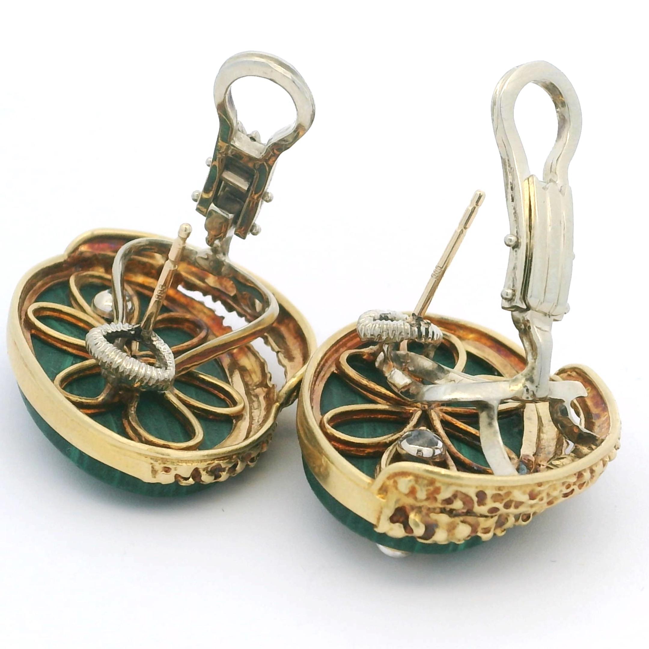 Orecchini a clip d'epoca in oro giallo 18 carati con malachite e diamanti in vendita 4