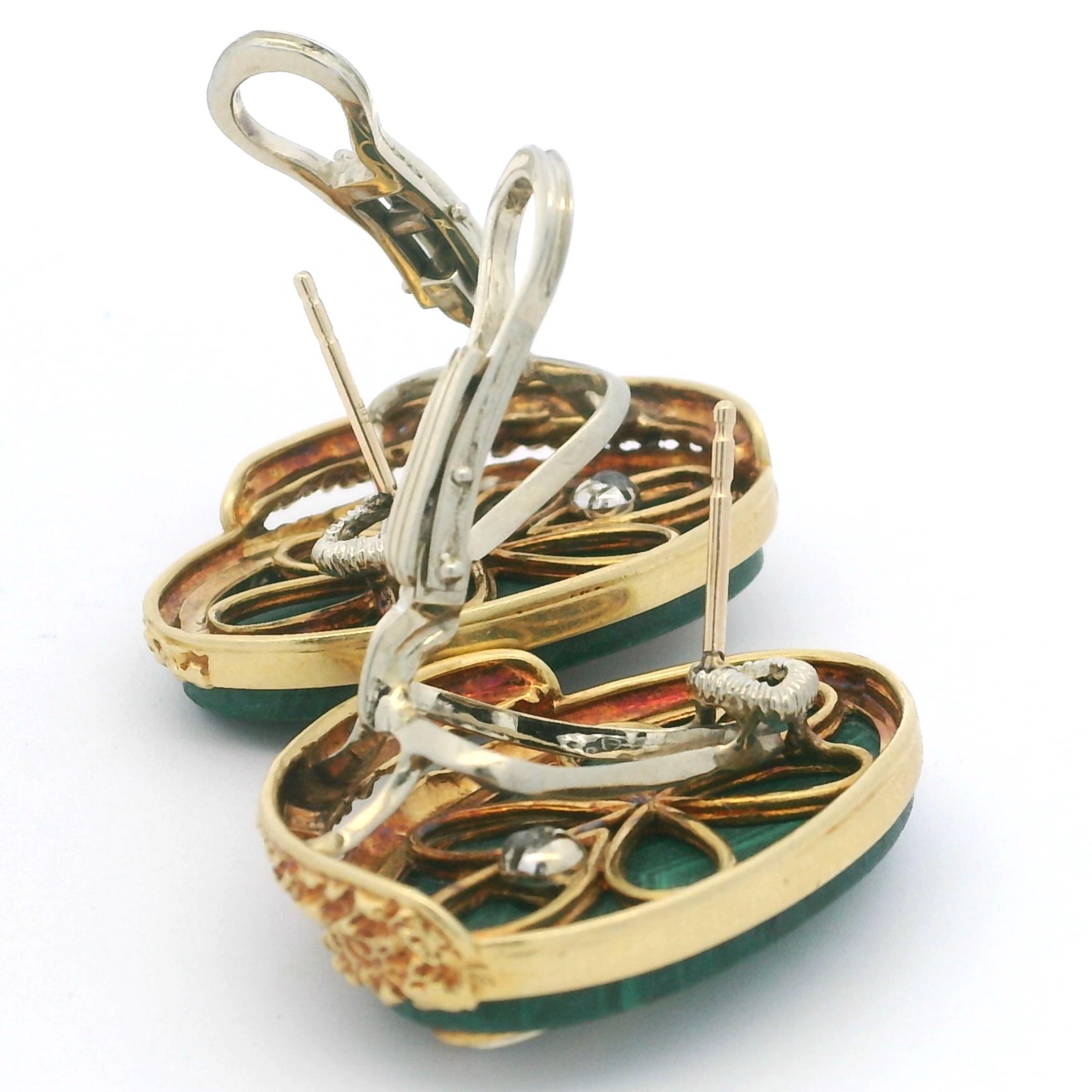 Orecchini a clip d'epoca in oro giallo 18 carati con malachite e diamanti in vendita 5