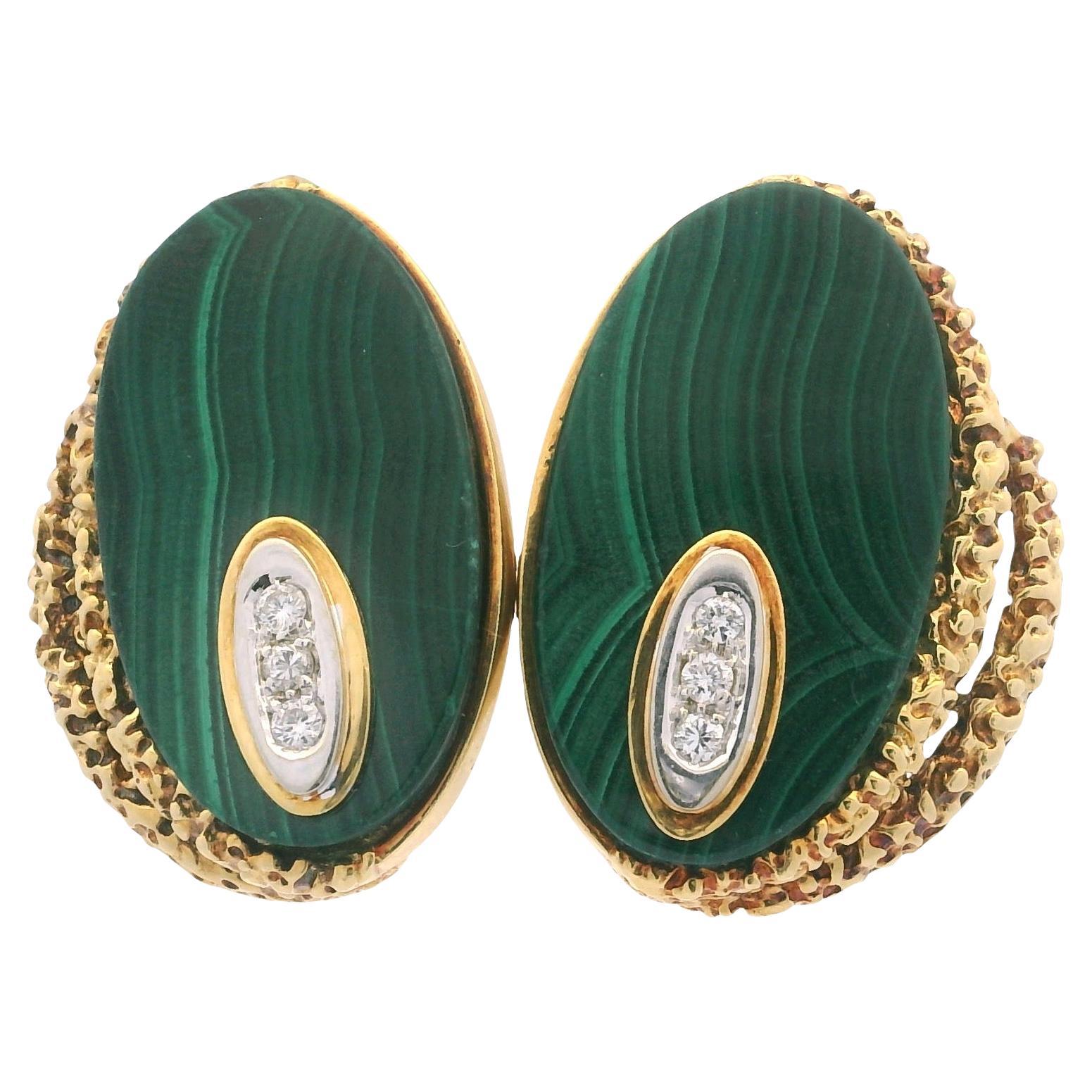 Orecchini a clip d'epoca in oro giallo 18 carati con malachite e diamanti