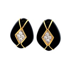 Charles Turi 1980er Jahre 18K Gelbgold Onyx und Diamant Clip-On Ohrringe