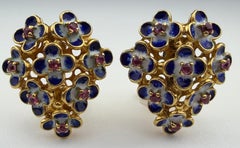 Vintage Italian 18K Yellow Gold Pink Tourmaline and Enamel Flower Earrings