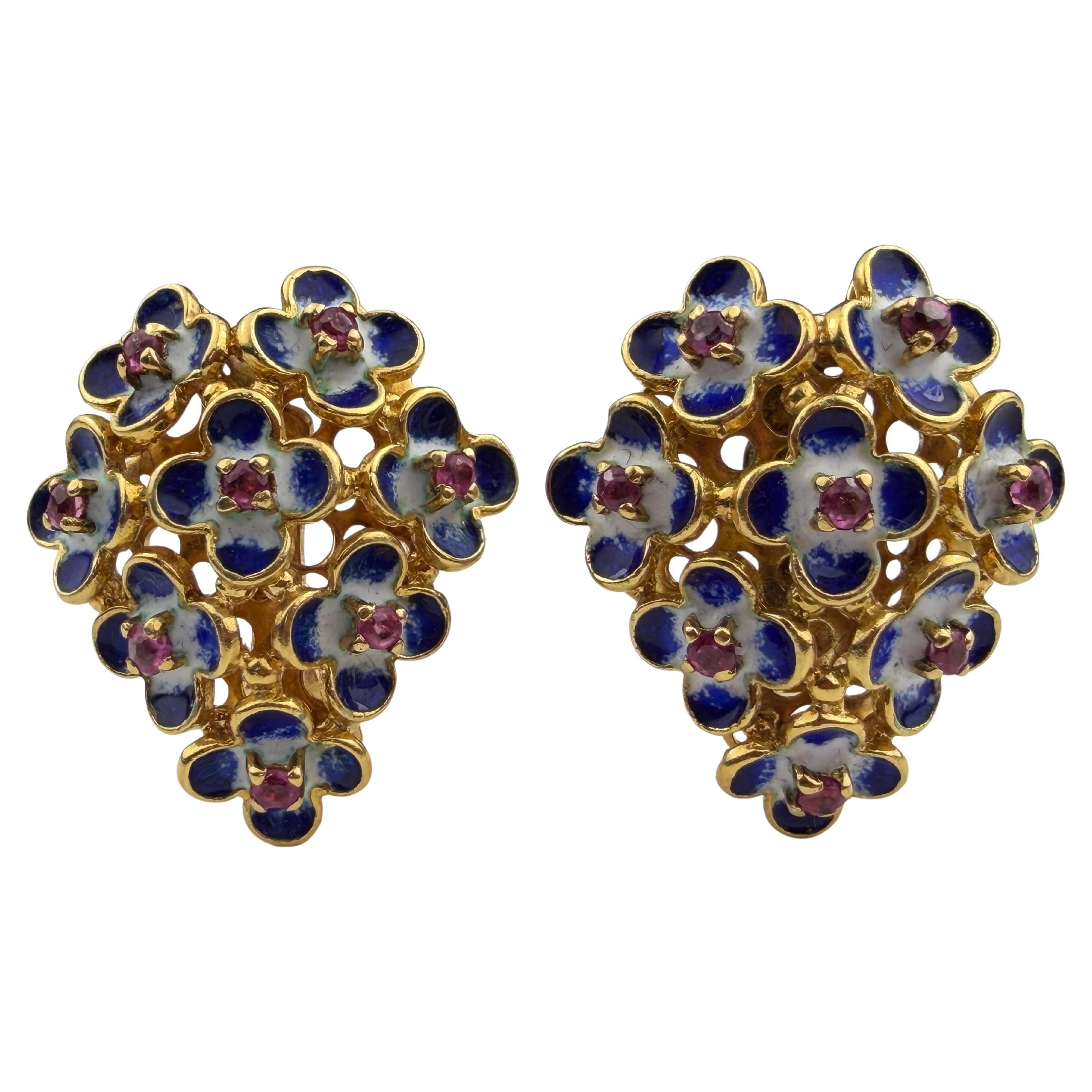Pendientes vintage italianos de oro amarillo de 18 quilates con turmalina rosa y flor de esmalte