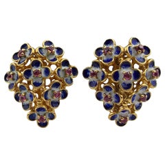 Vintage Italian 18K Yellow Gold Pink Tourmaline and Enamel Flower Earrings